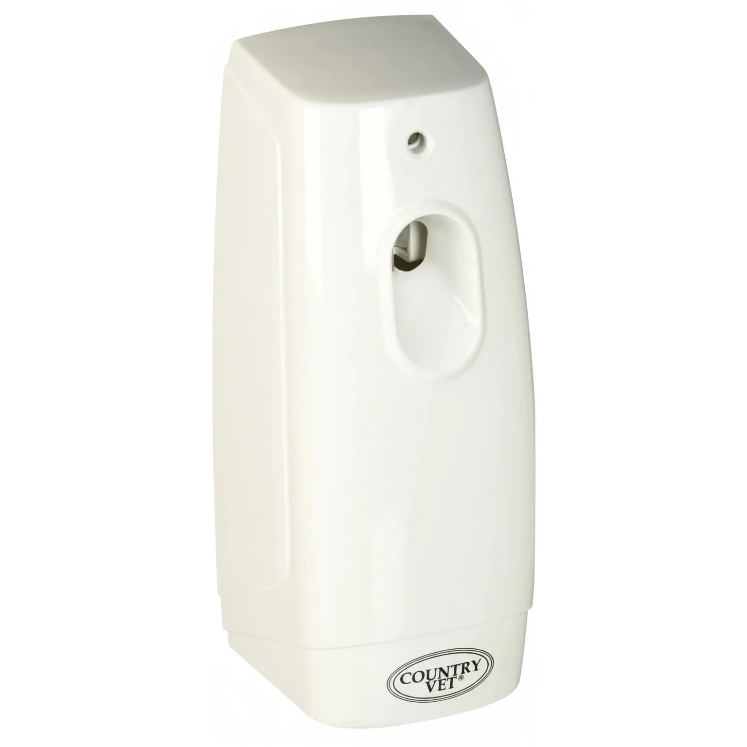 Country Vet Metered Spray Dispenser in Sandy Beige. This sleek automatic aerosol dispenser provides consistent 15-minute interval sprays, covering up to 6,000 cubic feet. Ideal for reliable odor and fly control in barns, stables, or large commercial spaces. Featuring a durable wall-mountable design with a front nozzle opening and the Country Vet logo for a professional, clean look.