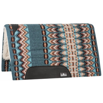 Classic Equine Sensorflex Wool Saddle Pad featuring a vibrant teal and brown Southwestern geometric pattern. This premium western horse pad boasts a 100% wool top, 1-inch heavy wool felt center, and a plush cream wool fleece bottom for shock absorption and comfort. Finished with durable black wear leathers and a contoured spine. A stylish and functional choice for ranching, trail riding, or western performance events.