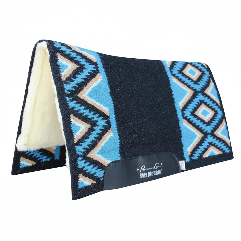 Professional's Choice Comfort-Fit SMX Air Ride Western Saddle Pad in the El Dorado pattern. This contoured horse pad features a vibrant black, turquoise, and tan Southwestern geometric design with a thick 3/4 inch shock-absorbing core and plush cream fleece underside. Includes durable black leather wear leathers with the SMx Air Ride logo. High-quality, breathable equestrian gear perfect for trail riding, western pleasure, or performance horse training.