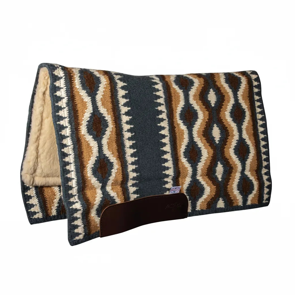 Professional's Choice Comfort-Fit SMX Air Ride Western Saddle Pad featuring a charcoal and tan southwestern geometric pattern. This horse pad includes a 3/4-inch core and premium cream Merino wool bottom for maximum comfort. Finished with dark brown leather wear leathers and OrthoSport technology, it's a top-tier choice for western riders seeking style and high-performance equine protection for trail riding, ranch work, or competition.