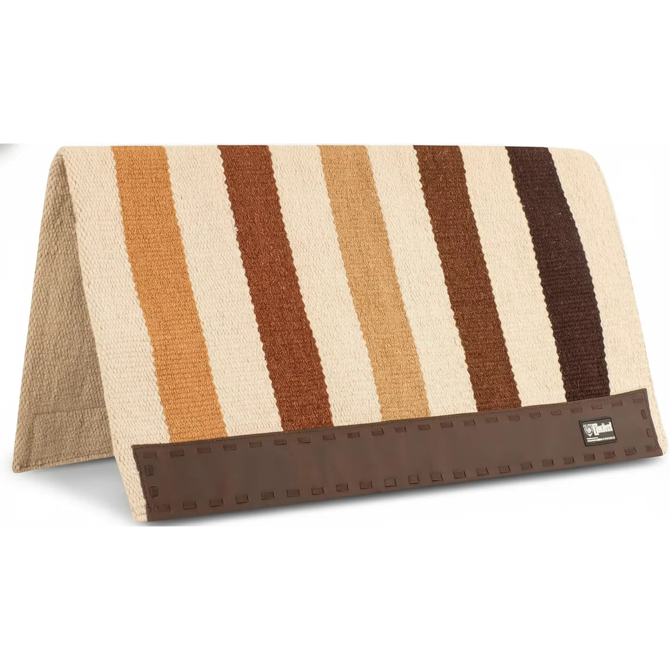 Cashel Company Woven Double Weave 34x38 Saddle Blanket in Earth Tone Brown. This high-quality Western saddle blanket features vertical stripes in cream, tan, and dark chocolate brown. Designed for durability, it includes heavy-duty brown leather wear leathers along the bottom edge with decorative accents. An essential piece of horse tack for Western riding, trail, or ranch work, combining classic style with professional performance.