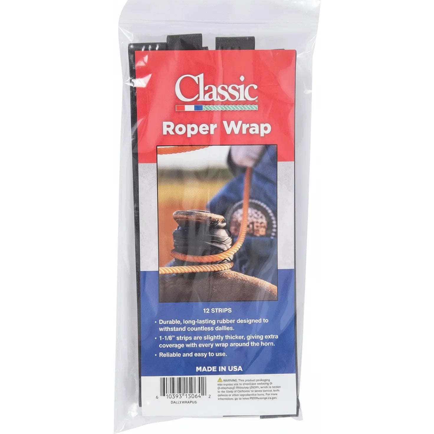 Classic Equine Roper Dally Wraps 12-pack featuring 1-1/8 inch wide black cushion grip rubber strips. Designed for team roping, these durable wraps provide extra saddle horn coverage to withstand countless dallies. Made in the USA, these reliable dally wraps are essential rodeo gear for horse protection and grip. Retail packaging displays a red, white, and blue label with a photo of a rope around a saddle horn, highlighting the product's use in equestrian sports.