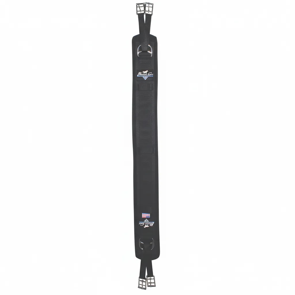 Black Professional's Choice VenTECH Equalizer Girth designed for even pressure distribution and horse comfort. This high-performance English saddle girth features a breathable, non-slip neoprene liner, stainless steel double buckles at each end, and integrated D-rings for training attachments. Durable and ventilated, this self-centering equestrian cinch is ideal for dressage, jumping, and schooling. Made in the USA for premium quality.