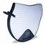 Professional's Choice VenTECH XC Cross Country Quilt Saddle Pad (EP500) in white with navy blue trim. This high-performance equestrian pad features a breathable mesh lining, small square quilting, and a contoured design for a secure fit. Measuring 23" x 20", it includes a reinforced navy girth guard with logo and velcro straps, perfect for cross country jumping and English riding. Durable and stylish gear designed for maximum horse comfort and airflow.