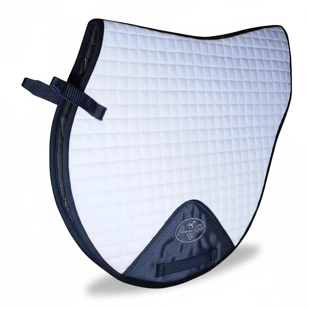 Professional's Choice VenTECH XC Cross Country Quilt Saddle Pad (EP500) in white with navy blue trim. This high-performance equestrian pad features a breathable mesh lining, small square quilting, and a contoured design for a secure fit. Measuring 23" x 20", it includes a reinforced navy girth guard with logo and velcro straps, perfect for cross country jumping and English riding. Durable and stylish gear designed for maximum horse comfort and airflow.