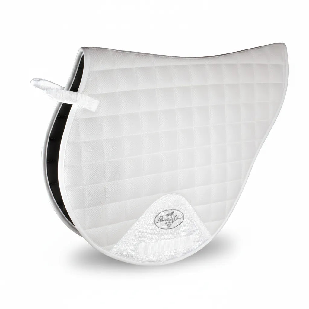 Professional's Choice VenTECH Mesh Cross Country (XC) Saddle Pad in crisp white. This 23" x 20" forward-cut equestrian pad features a breathable mesh quilted design, moisture-wicking technology, and a reinforced girth patch with a logo. Perfect for jumping and eventing, it offers a secure fit with D-ring straps and a sleek, athletic profile. Ideal for riders seeking high-performance horse tack for competition or training.