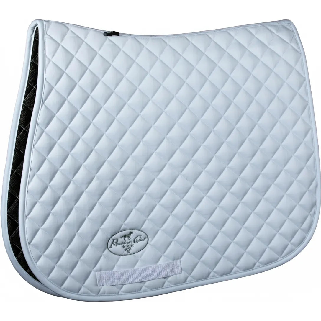 Professional's Choice VenTECH All-Purpose Pony Saddle Pad in white. This contoured quilted cotton pad features a diamond-quilt design, breathable black mesh lining, and a girth loop. Sized at 19.5" Spine x 17" Drop, it offers an ergonomic fit for ponies. Ideal for schooling, jumping, or dressage, this high-performance equestrian tack combines classic style with cooling technology for your horse's comfort.