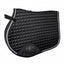Professional's Choice VenTECH Satin English Jump Saddle Pad in black with silver rope trim. This breathable, non-slip equestrian pad features a luxurious quilted satin finish and a reinforced girth patch. Designed for jumping and close contact saddles, it offers a contoured spine and secure straps for peak performance. Perfect for adding a touch of elegance to your horse's jumping gear. Dimensions: 21.5" Spine x 20.5" Drop.