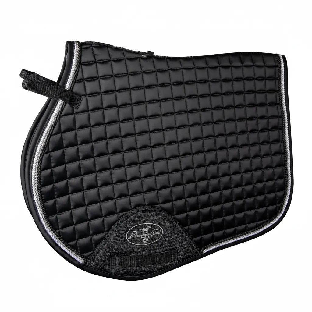 Professional's Choice VenTECH Satin English Jump Saddle Pad in black with silver rope trim. This breathable, non-slip equestrian pad features a luxurious quilted satin finish and a reinforced girth patch. Designed for jumping and close contact saddles, it offers a contoured spine and secure straps for peak performance. Perfect for adding a touch of elegance to your horse's jumping gear. Dimensions: 21.5" Spine x 20.5" Drop.