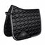 Professional's Choice VenTECH Satin Dressage Saddle Pad in black with elegant hexagonal quilting and a glossy finish. This premium 24" x 21.5" equestrian pad features silver braided trim, reinforced girth loops, and a contoured design for maximum horse comfort. Perfect for dressage competitions and daily training, this stylish horse tack offers a sleek, high-performance look that stands out in the arena.