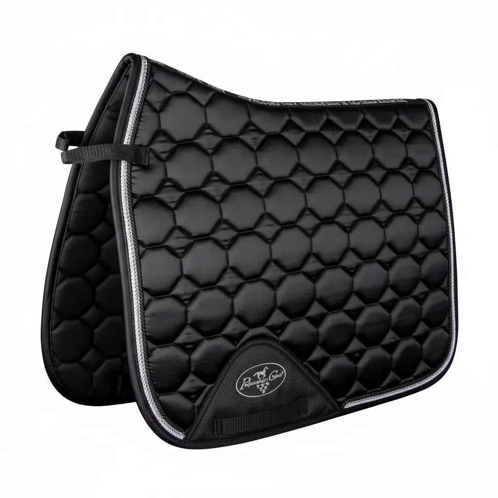Professional's Choice VenTECH Satin Dressage Saddle Pad in black with elegant hexagonal quilting and a glossy finish. This premium 24" x 21.5" equestrian pad features silver braided trim, reinforced girth loops, and a contoured design for maximum horse comfort. Perfect for dressage competitions and daily training, this stylish horse tack offers a sleek, high-performance look that stands out in the arena.