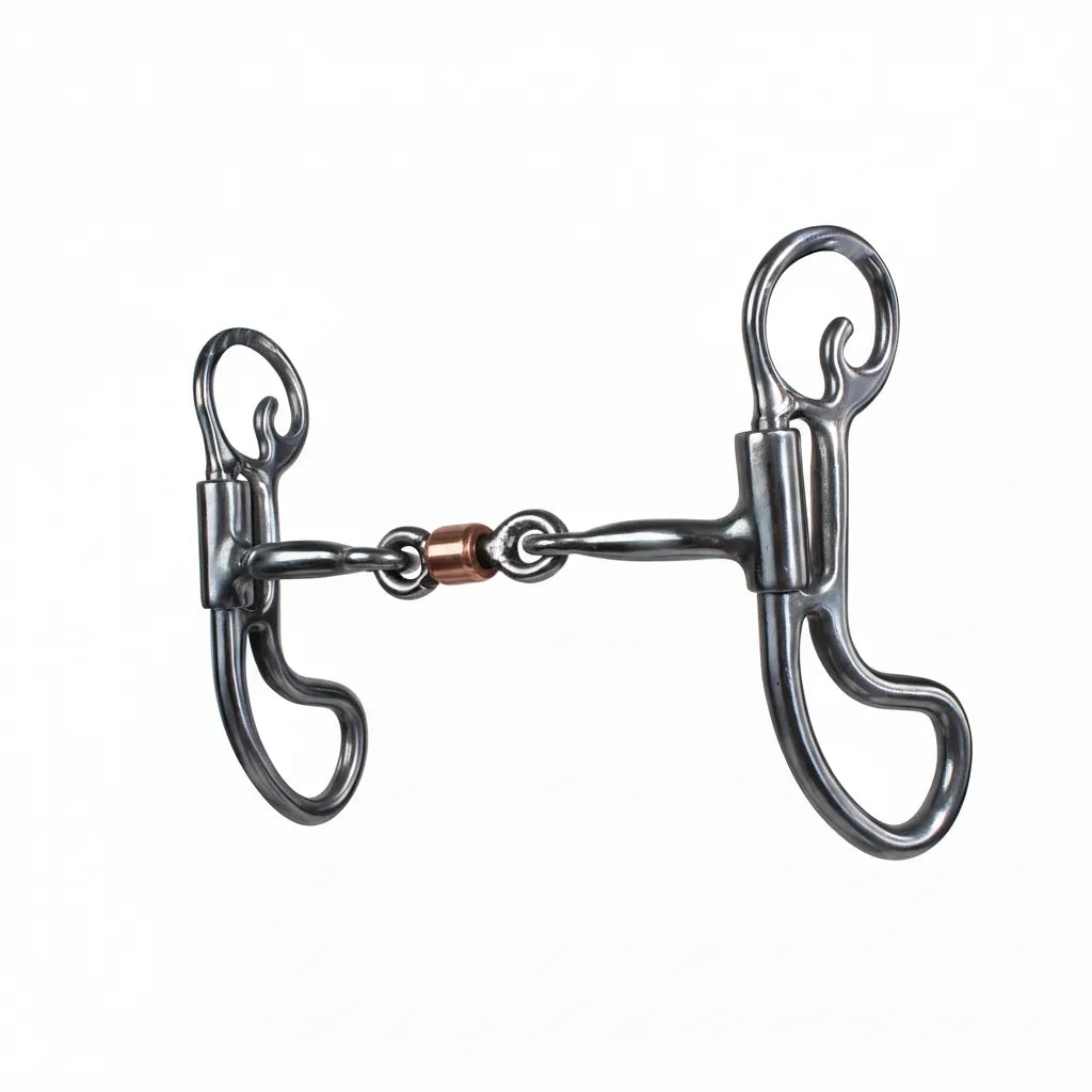 Professional's Choice Equisential Teardrop Bit featuring a durable alloy steel construction and a 5-inch three-piece jointed mouthpiece with a central copper roller. This high-quality Western horse bit includes weighted teardrop cheek shanks designed for balanced leverage and refined control. The sleek, dark steel finish makes it a stylish and functional choice for any equestrian's tack collection, perfect for daily training or performance.