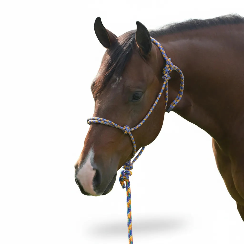 Professional's Choice Equisential Rope Halter and 8' matching lead rope on a bay horse. This durable nylon horse halter features a vibrant blue, orange, and yellow braided pattern. The hand-knotted design ensures a secure fit for training and everyday handling. High-quality, stylish equestrian tack perfect for horse owners seeking long-lasting performance and a colorful look for their horse gear collection.