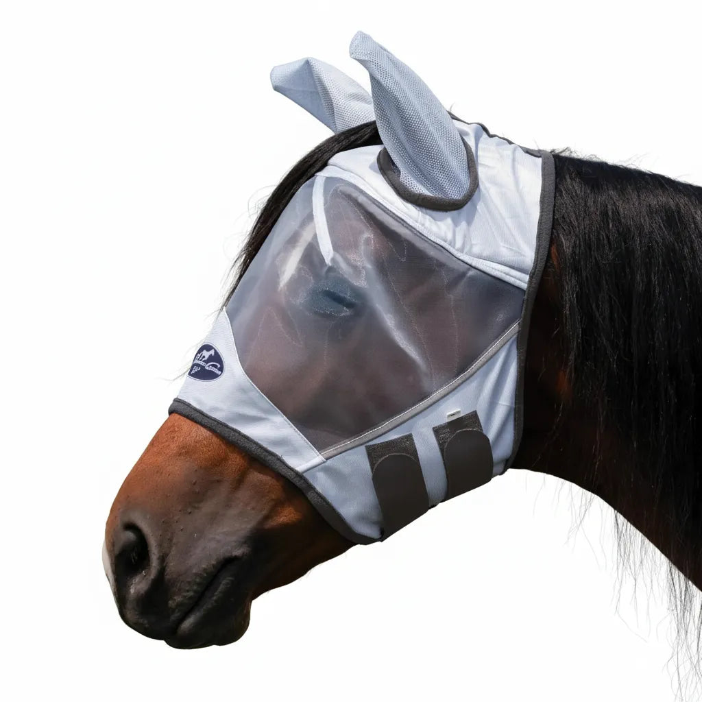 Professional's Choice Fly Mask with UV protection and soft mesh ears shown on a bay horse. This durable grey horse fly mask features clear-view mesh for eye protection, charcoal grey trim, and adjustable double-locking closures for a secure fit. Essential equine gear designed to shield horses from biting insects and harmful UV rays during turnout.