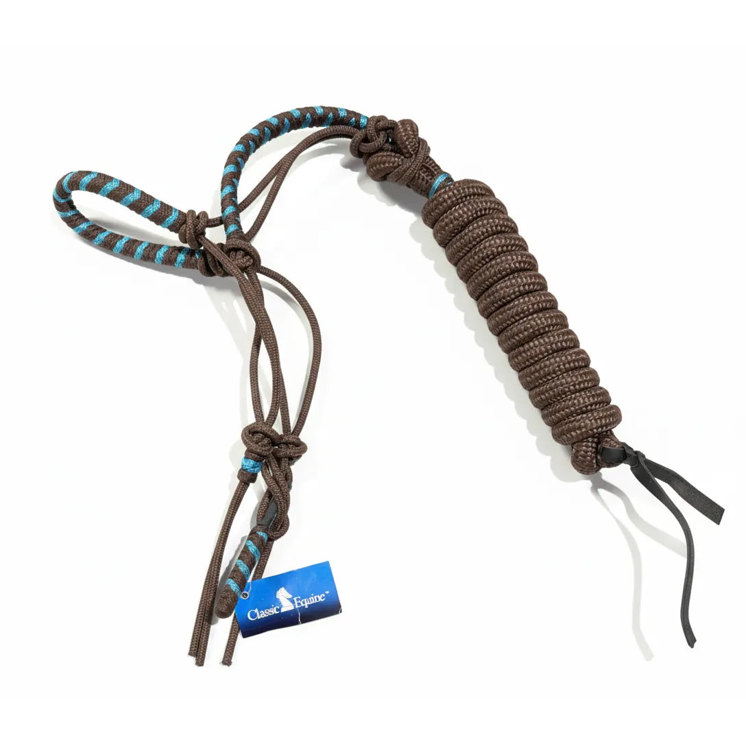 Classic Equine Two-Tone Rope Halter with 8' Lead in chocolate brown and turquoise. This high-quality equestrian set features a durable knotted rope halter with a stylish striped noseband and a matching heavy-duty braided lead rope finished with leather popper tails. A must-have for natural horsemanship and horse training, this premium tack set is designed for both comfort and control.