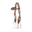 Martin Saddlery Weathered Antique Browband Headstall featuring premium brown leather with a vintage finish. Intricate hand-tooled basketweave patterns on the browband and cheeks are accented by crisp white stitching. This durable western headstall includes high-quality silver buckles and tie-bit ends, making it a stylish and functional choice for trail riding or ranch work. Elevate your western horse tack collection with this professional-grade weathered leather headstall.