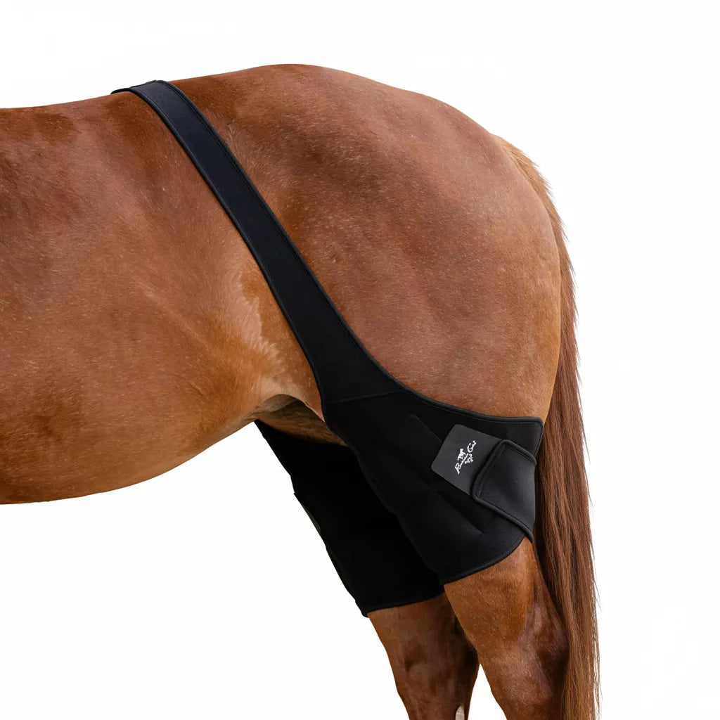 Professional's Choice Stifle Ice Wrap in black neoprene, fitted on a chestnut horse's hind leg to provide targeted cold therapy compression. This equestrian recovery wrap features adjustable straps for a secure fit over the stifle joint and internal pliable cold capsules designed to reduce inflammation and soreness. Ideal for horse injury management and performance maintenance.