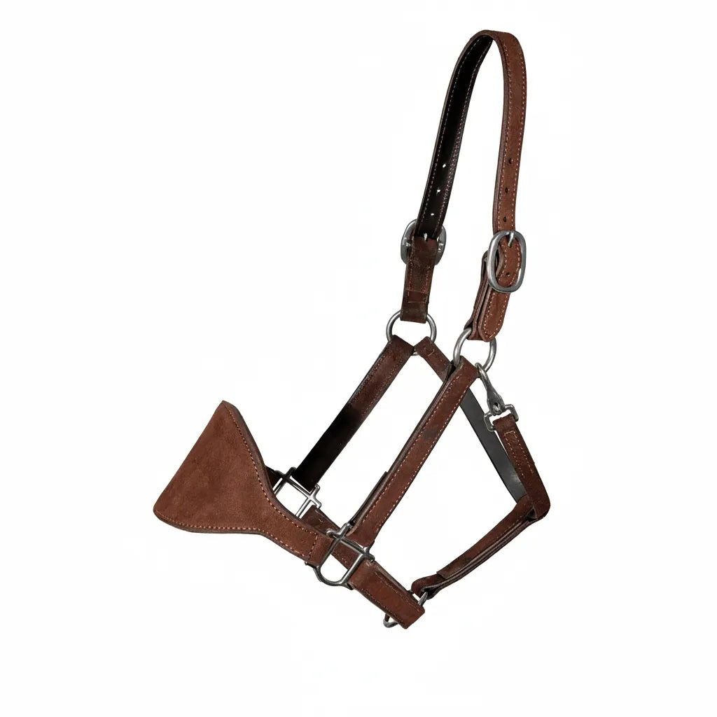 Professional's Choice Roughout Bronc Halter in deep chocolate brown leather. This heavy-duty western horse halter features a signature wide, flared roughout leather noseband with contrast stitching, adjustable crown straps, and high-quality stainless steel hardware. A durable and stylish piece of equestrian tack perfect for ranch work, training, or rodeo competition.