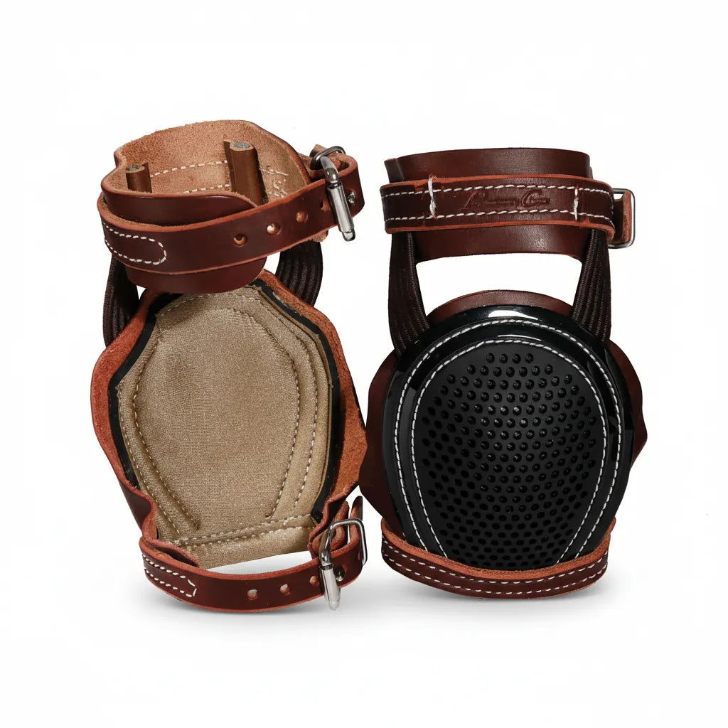 Professional's Choice Leather Horse Skid Boots crafted from premium brown latigo leather with durable white stitching. These heavy-duty hind leg boots feature adjustable buckle straps and a ventilated black protective cup designed for high-impact reining and roping. The view showcases both the rugged exterior and the soft, padded interior lining, providing superior protection and comfort for performance horses in Western equestrian sports.