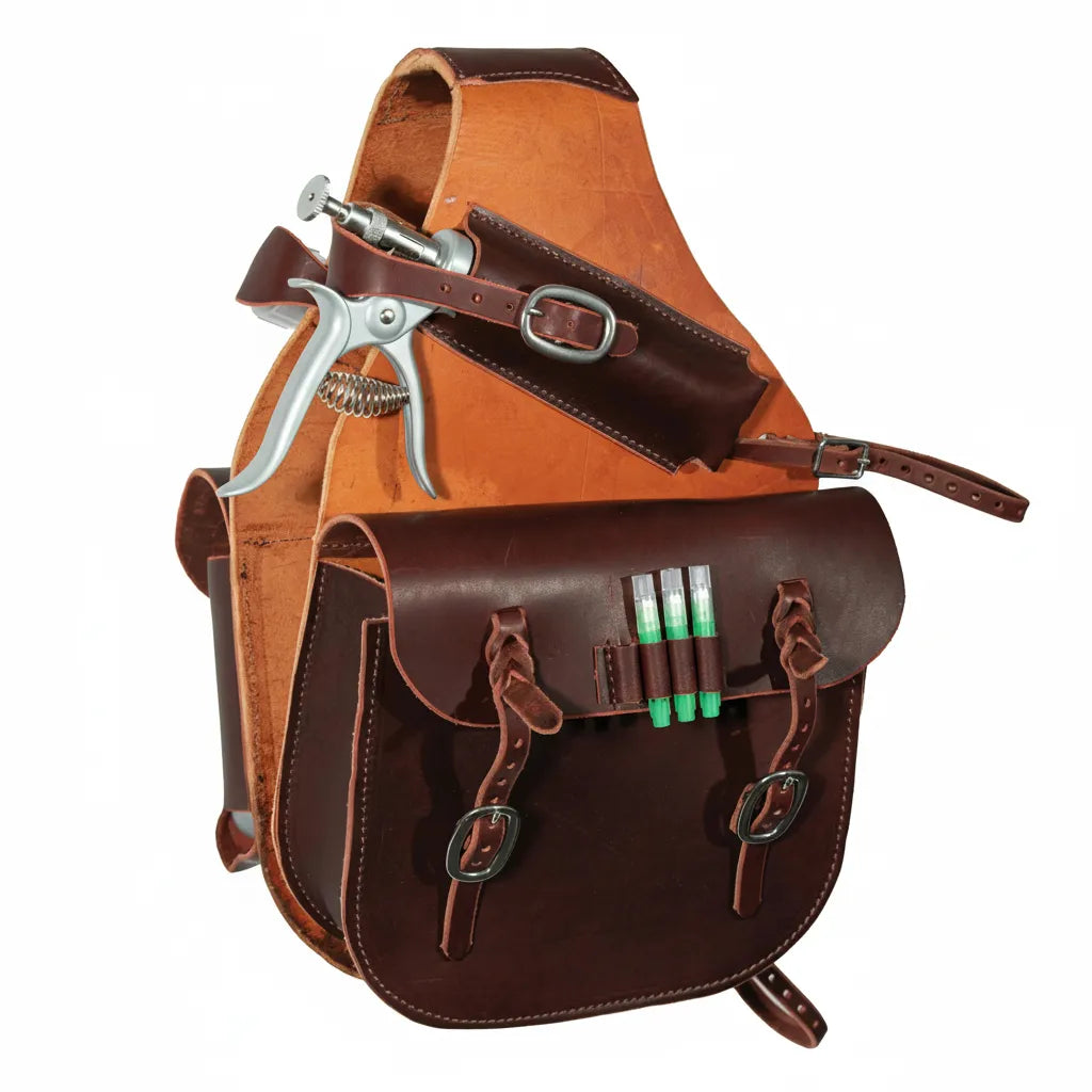 Professional's Choice Leather Medicine Saddle Bag crafted from premium 9-11 oz chestnut Latigo leather. This essential ranch gear features a built-in syringe injector holster, exterior vial loops, and holds 250cc and 100cc bottles. Designed for durability with heavy-duty buckle straps for saddle horn attachment, it’s the ultimate professional accessory for veterinarians and ranchers needing reliable medical storage on the trail.