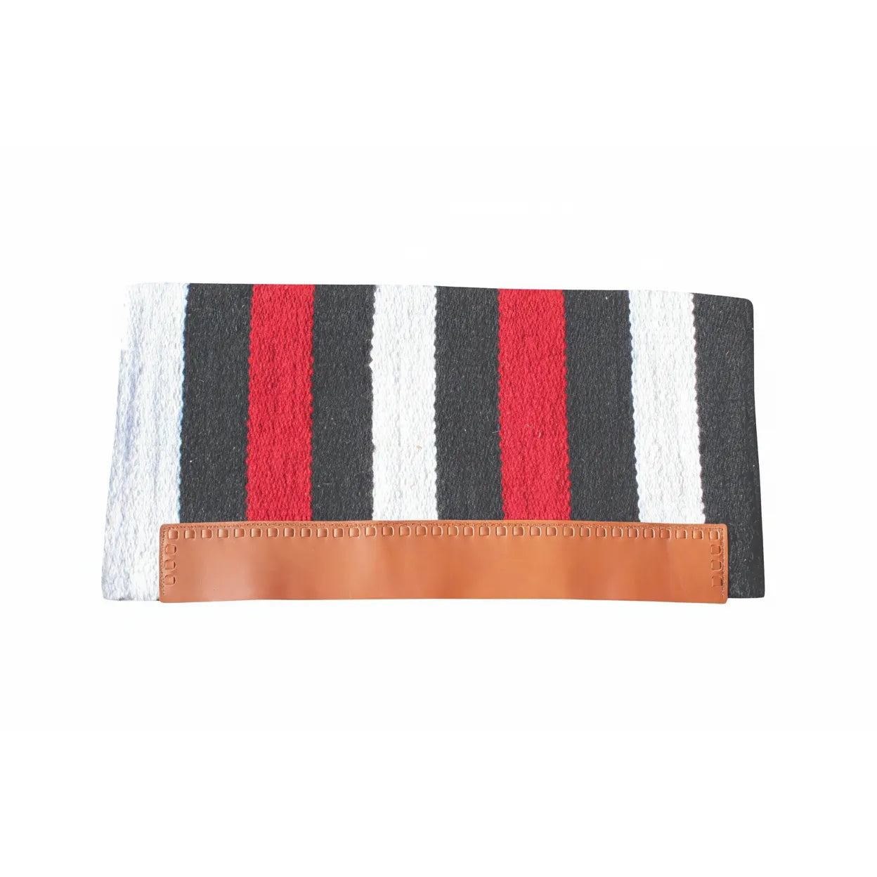 Professional's Choice Casa Zia Navajo Western Horse Saddle Blanket in Black and Crimson. Hand-woven from 100% New Zealand Wool, this 32" x 64" blanket features a bold vertical stripe pattern in black, white, and red. A premium tan leather wear leather strip adds durability and a classic Western aesthetic. Ideal for horse shows, trail riding, and everyday equestrian use.
