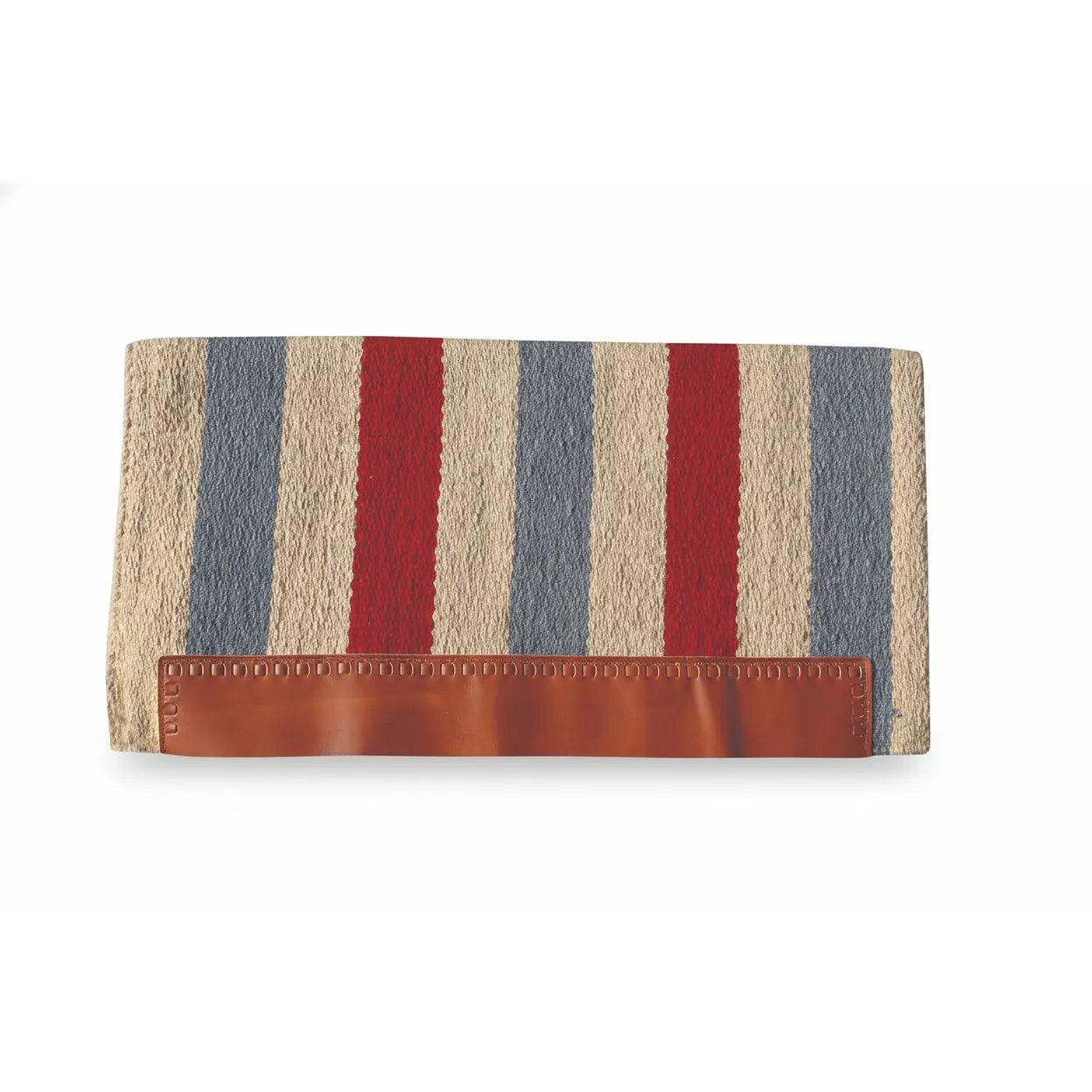 Professional's Choice Casa Zia Navajo Saddle Blanket, 32" x 64" heavy-weight New Zealand wool horse blanket. Features vertical stripes in gray, crimson red, and tan with a durable brown leather wear leather at the bottom showing decorative punch detailing. A stylish and functional addition to western riding gear, perfect for horse shows or everyday trail riding.