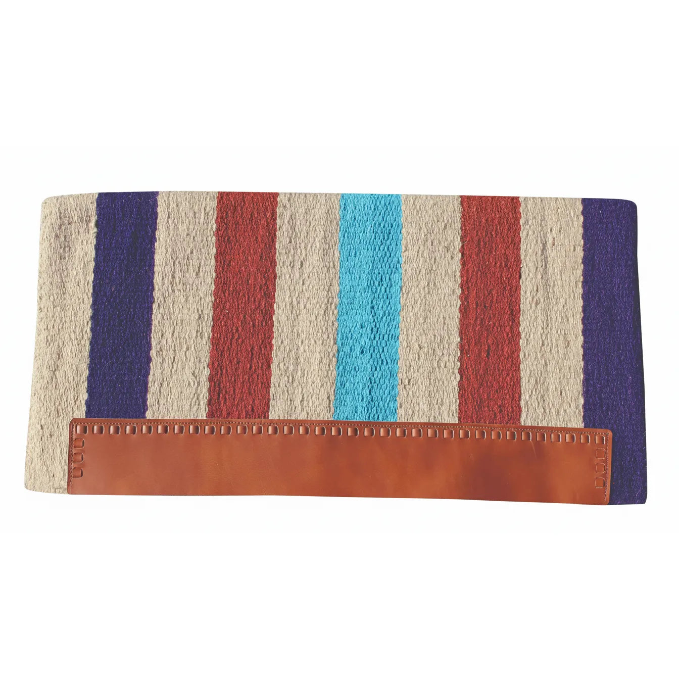 Professional's Choice Casa Zia Heavyweight Navajo New Zealand Wool Saddle Blanket in Purple/Turquoise. This 32" x 64" western saddle pad features a classic striped design in purple, red, cream, and bright turquoise. Hand-woven 7 lb wool construction provides ultimate durability, finished with a sturdy brown leather wear leather. A premium, stylish choice for western performance, horse shows, or ranch work.