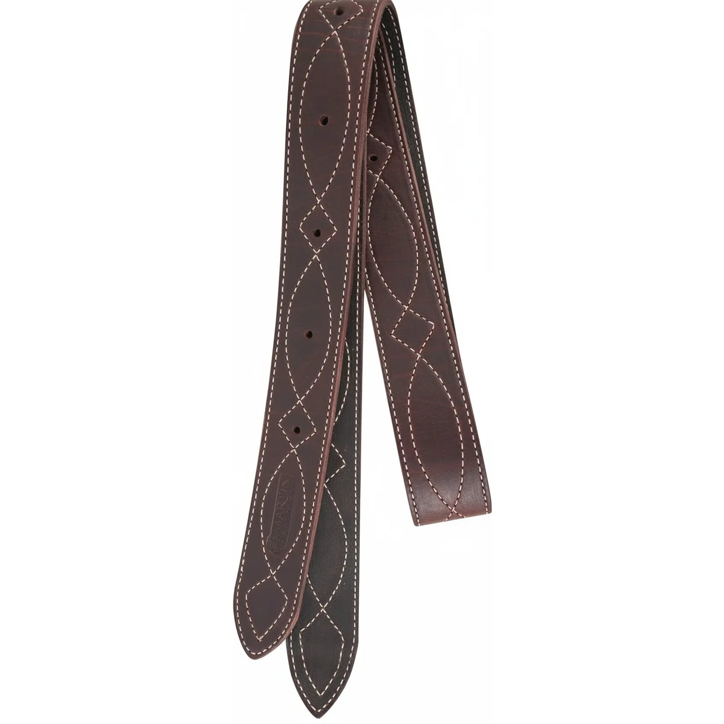 Martin Saddlery Leather Offside Latigo in rich brown with elegant white decorative stitching. This premium Western saddle accessory features a unique diamond-stitched pattern, durable leather construction, and multiple adjustment holes for the perfect fit. Ideal for horse owners looking for high-quality, stylish equestrian gear that combines traditional craftsmanship with functional design.
