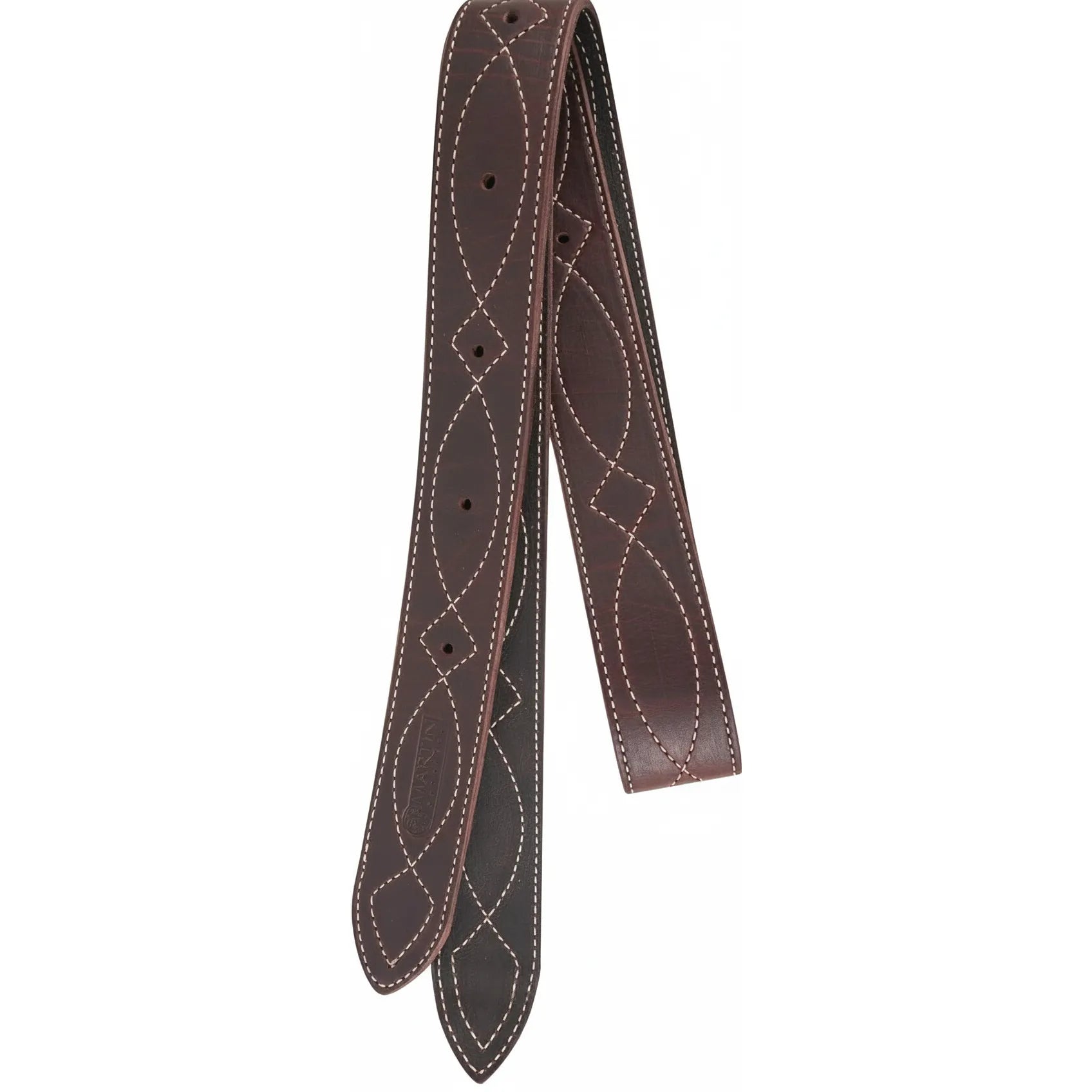 Martin Saddlery Leather Offside Latigo in rich brown with elegant white decorative stitching. This premium Western saddle accessory features a unique diamond-stitched pattern, durable leather construction, and multiple adjustment holes for the perfect fit. Ideal for horse owners looking for high-quality, stylish equestrian gear that combines traditional craftsmanship with functional design.