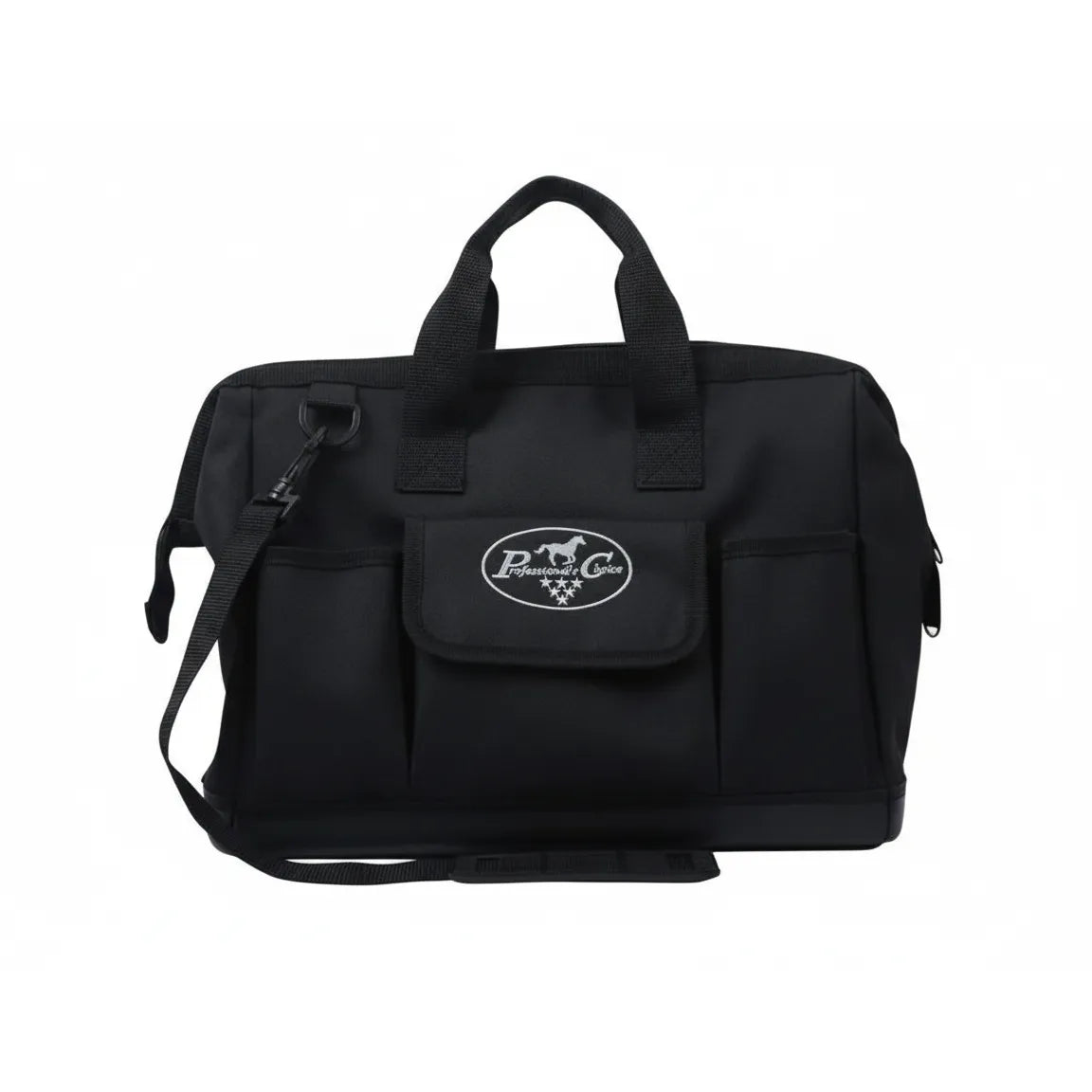 Black Professional's Choice Heavy Duty Tote featuring a reinforced rubber bottom and durable canvas construction. This versatile equestrian grooming bag includes multiple exterior pockets, sturdy top handles, and an adjustable shoulder strap with padding. The front center flap showcases the white Professional's Choice horse logo. Perfect for organizing tack, grooming tools, or stable essentials with a sleek, professional look.