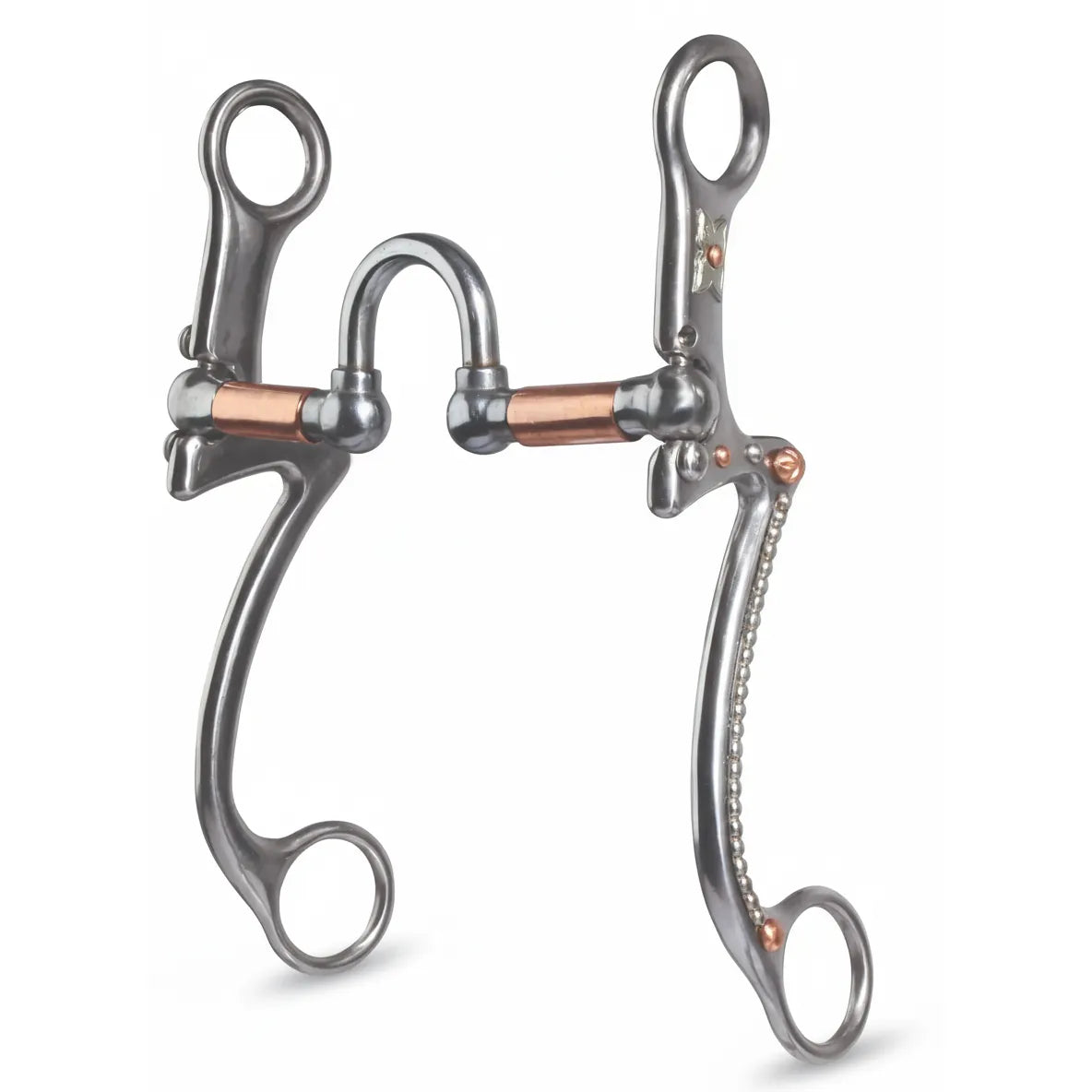 Professional's Choice PC 7-Inch Shank Horse Bit featuring a weighted sweet iron mouthpiece with copper rollers. This western bit has elegant curved silver shanks with decorative detailing, a medium port, and quick-release swivel joints for independent side movement. High-quality equestrian tack designed for clear communication and responsiveness in the show ring or during training.