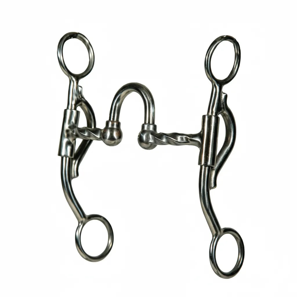 Professional's Choice Yukon Bit Series horse bit with a 5.25" sweet iron mouthpiece and 6" curved shanks. This Western curb bit features a high port and twisted wire bars for enhanced communication and refined control. Durable stainless steel construction with swivel shanks and top and bottom rings, perfect for performance horse training and Western riding disciplines.