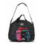 Professional's Choice Equestrian Gear Carry All Bag in black, featuring a large front mesh pocket filled with colorful horse leg wraps. This durable organizer includes a padded shoulder strap, top carry handles, and a breathable mesh bottom for ventilation. Measuring 20" L x 16" H x 4" W, it is the perfect horse gear storage solution for barn organization, travel, or equestrian shows.