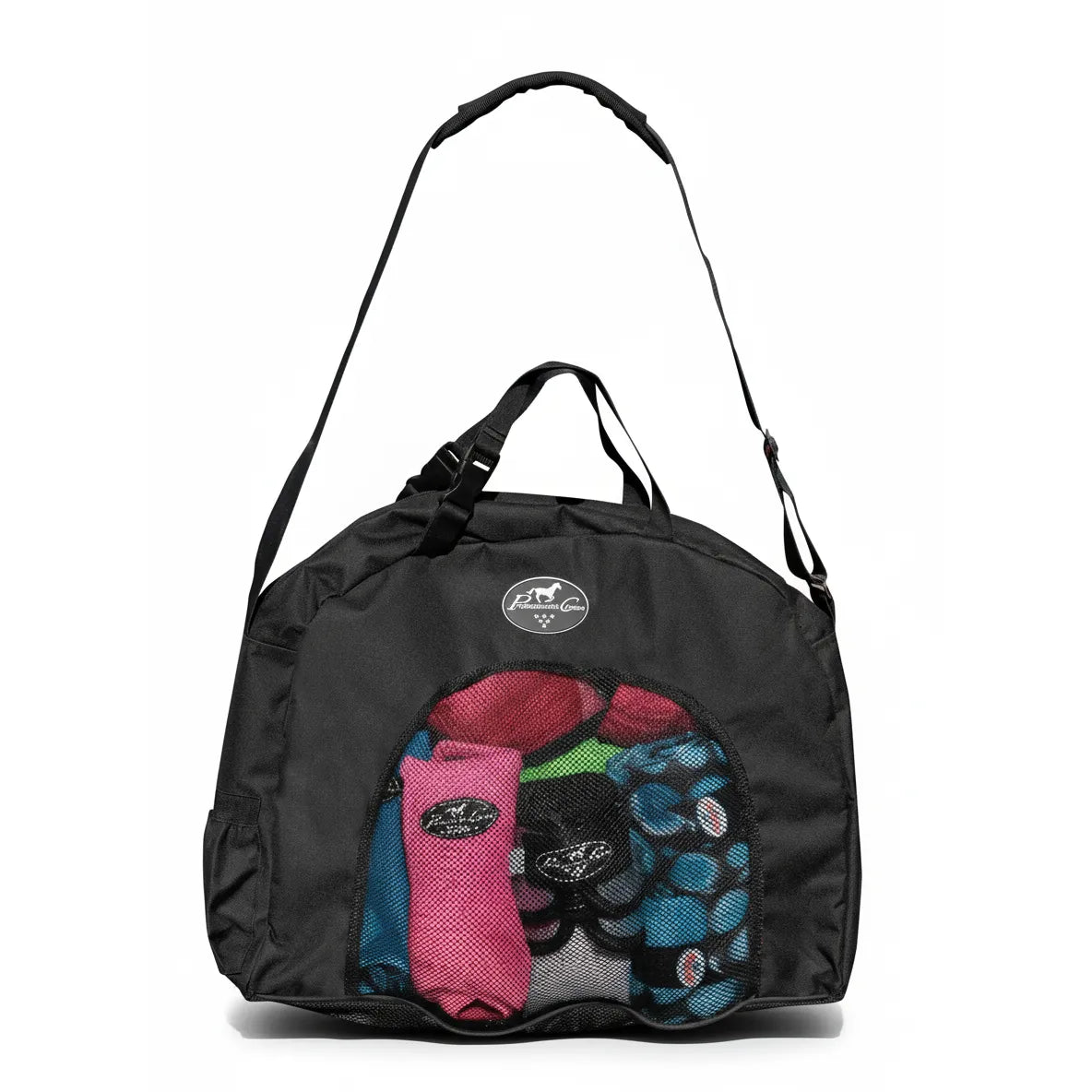 Professional's Choice Equestrian Gear Carry All Bag in black, featuring a large front mesh pocket filled with colorful horse leg wraps. This durable organizer includes a padded shoulder strap, top carry handles, and a breathable mesh bottom for ventilation. Measuring 20" L x 16" H x 4" W, it is the perfect horse gear storage solution for barn organization, travel, or equestrian shows.