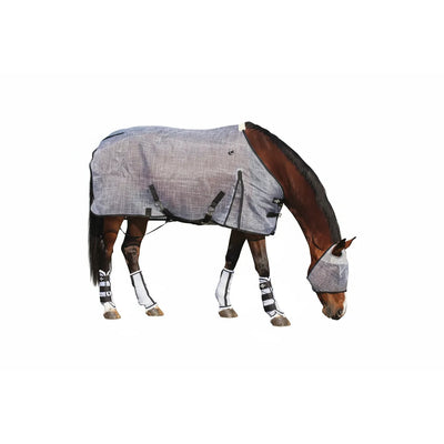 Professional's Choice Rip-Stop Fly Sheet in grey on a bay horse, featuring a breathable mesh design for maximum airflow and UV protection. This complete horse fly protection set includes the durable horse blanket with adjustable belly straps, matching fly mask, and four protective fly boots to keep your horse comfortable and bug-free in the pasture. High-quality equestrian fly gear for premium summer sun and insect defense.