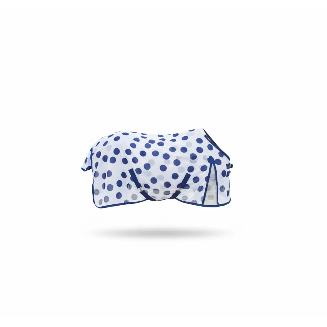 Professional's Choice Magnetic Therapy Horse Blanket in size 70, featuring a lightweight white mesh fabric with navy blue polka dots and matching trim. Designed for equine pain relief and recovery, this therapeutic horse rug includes adjustable belly straps and shoulder gussets for a secure fit. Ideal for performance horses needing muscle therapy and comfort.