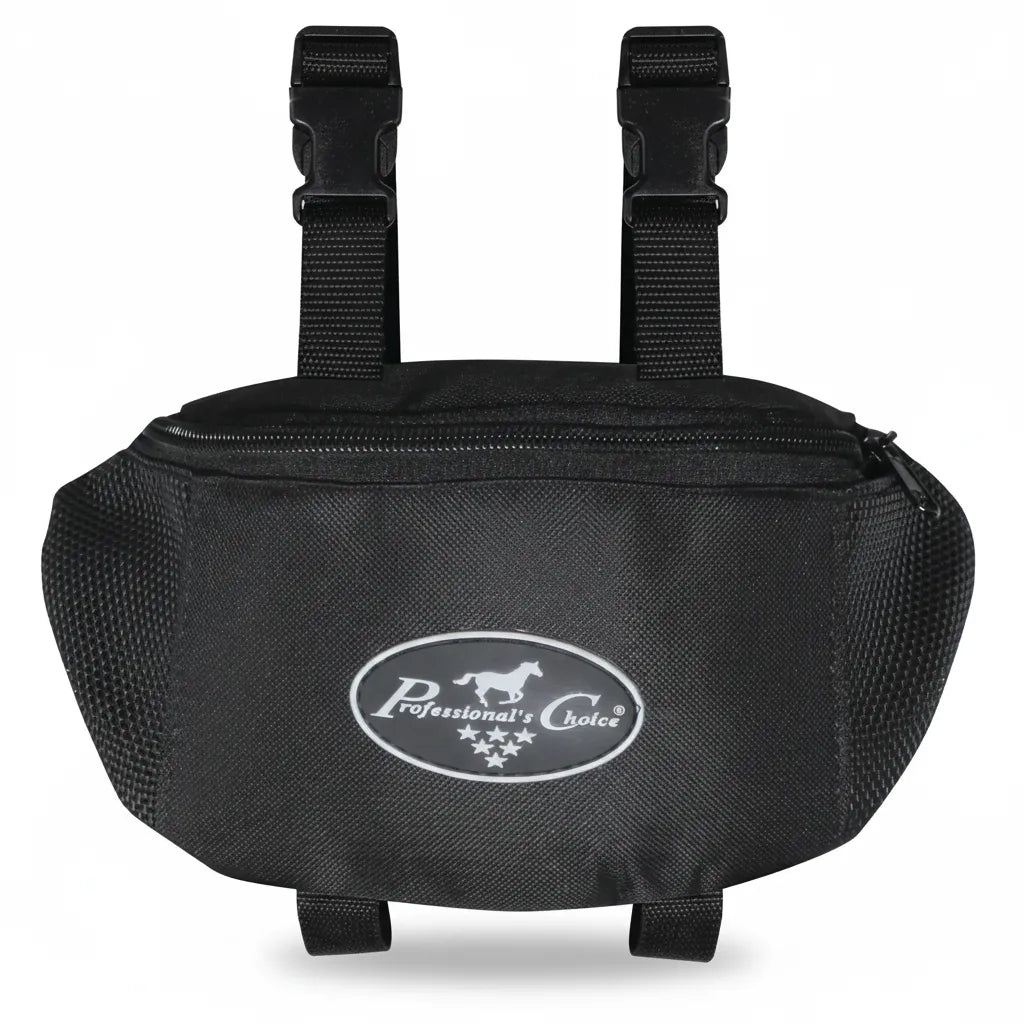 Professional's Choice Pommel Saddle Bag in black 600D polyester. This western trail gear bag features breathable mesh side panels, a secure zipper closure, and adjustable top buckle straps for easy mounting. Designed for durability and convenience, it includes bottom straps for stability and the signature Professional's Choice logo on the front. A perfect equestrian accessory for keeping essentials close during horse trail rides.