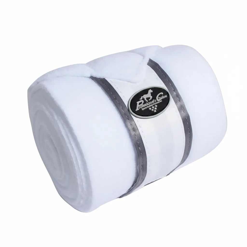 Professional’s Choice Satin Polo Wrap in white, featuring a premium 280g double-sided fleece design for superior horse leg support and protection. This rolled equestrian wrap showcases a luxury white satin patch with shimmering silver trim and the signature black logo. Perfect for dressage, training, and schooling, these high-quality horse wraps combine elegance and performance for the discerning rider.