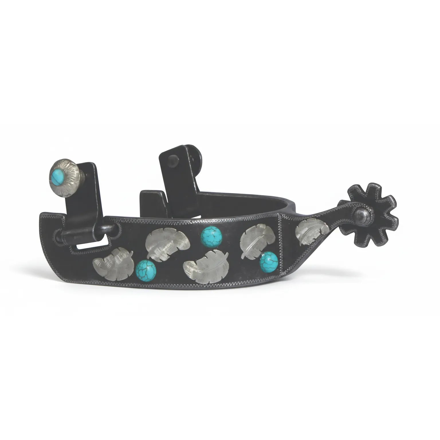 Professional's Choice Turquoise Feather Western Spurs featuring an ornate 1" black steel band with engraved silver feather overlays and vibrant turquoise stones. These stylish western riding spurs include a 1 3/4" shank and a classic 8-point rowel. Perfect for performance horses and western show events, this high-quality equestrian gear combines functionality with a beautiful southwestern-inspired design.