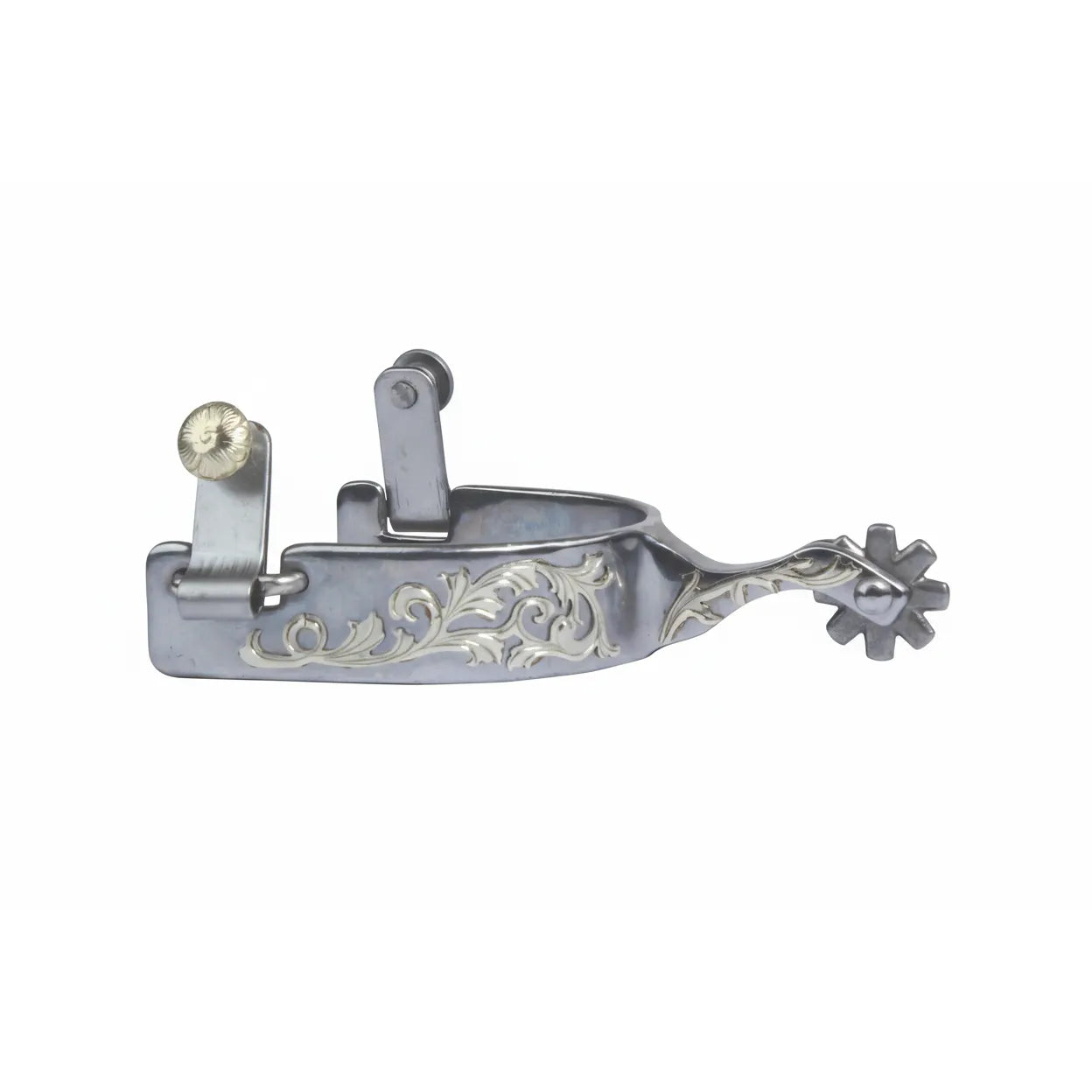 Professional's Choice PC 1 Floral Engraved Western Spurs featuring a 1" band with intricate silver and gold floral scrollwork. This high-quality equestrian equipment includes a 2 1/4" shank and an 8-point rowel. Designed for western riding and shows, these polished spurs have a 3 1/4" width and swinging buttons for easy strap attachment. A stylish choice for riders looking for durable horse tack with a classic, engraved look.