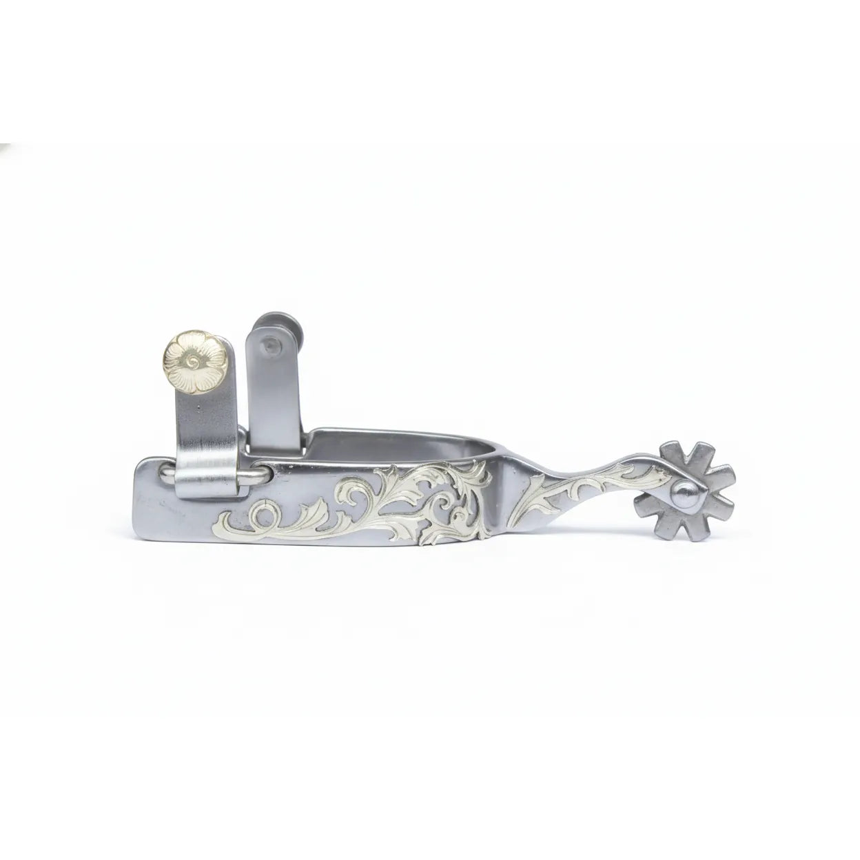 Professional's Choice 3/4" Floral Engraved Western Horse Spurs crafted from polished stainless steel. This elegant western spur features a 2 1/4" shank with a classic 8-point rowel and intricate silver scrollwork floral engravings along the band. Includes decorative floral-patterned buttons for strap attachment. High-quality, durable equestrian performance gear ideal for western show riding or professional training.