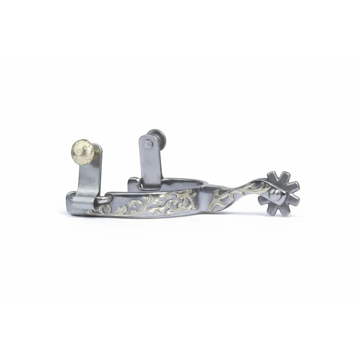 Professional's Choice Floral Engraved Western Spurs featuring elegant silver overlay designs. This high-quality equestrian gear includes a 1/2" band, 2 1/4" shank, and an 8-point blunt rowel for gentle communication with your horse. Perfect for Western show rings or everyday riding, these stylish silver spurs combine classic Western aesthetics with professional performance.