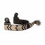 Professional's Choice Copper Canyon Western Riding Spurs featuring a dark antique finish and elegant silver chevron zig-zag inlay. These performance equestrian spurs offer a 1" band, 1" shank, and a 10-point star rowel for precise cues. Finished with decorative star accents on the buttons and shank, this high-quality western horse riding equipment combines style and function for any rider.