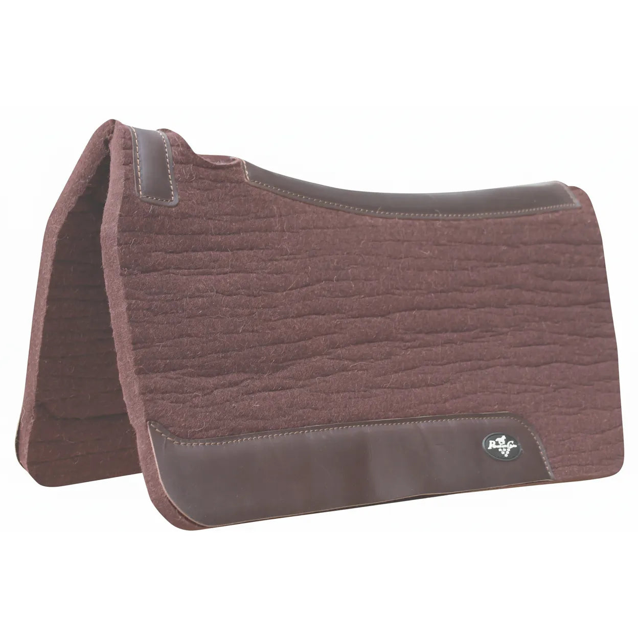 Professional's Choice Comfort Fit 1-inch thick contoured western saddle pad in chocolate brown. This premium 100% steam-pressed wool felt pad features a textured surface for breathability and moisture-wicking. Reinforced with dark brown leather wear leathers along the spine and bottom for durability and a secure fit. An essential piece of high-performance equestrian tack for horse comfort and protection in any Western discipline.
