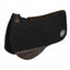 Professional's Choice ComfortFit Wool Round Skirt Western Saddle Pad in black. This 3/4" thick wool felt pad features a contoured topline and dark brown leather wear leathers for maximum comfort and durability. Its rounded shape is perfect for barrel racing or short-backed horses. High-quality black western saddle pad with premium leather accents designed for shock absorption and a perfect fit under your western saddle.