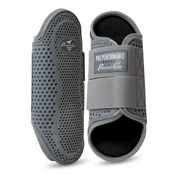 Professional's Choice Pro Performance Hybrid Splint Boots in grey, featuring waterproof and breathable Pro Mesh material with a perforated honeycomb design for maximum airflow. These lightweight horse boots provide superior leg protection with two wide, secure hook-and-loop straps. High-quality equestrian gear for everyday training or competition, shown in a side-by-side view displaying the breathable mesh texture and durable strike pad. Available in multiple sizes.