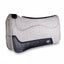 Professional's Choice Precision Relief Wool Felt Barrel Saddle Pad in grey with black leather accents. This 29-inch contoured western saddle pad features a tapered 1 1/8-inch to 3/4-inch wool felt construction for ergonomic pressure relief. Ideal for barrel racing, it includes premium leather wear leathers and a specialized wither cutout for a superior fit and horse comfort. High-performance equestrian gear designed for competitive riding and maximum support.