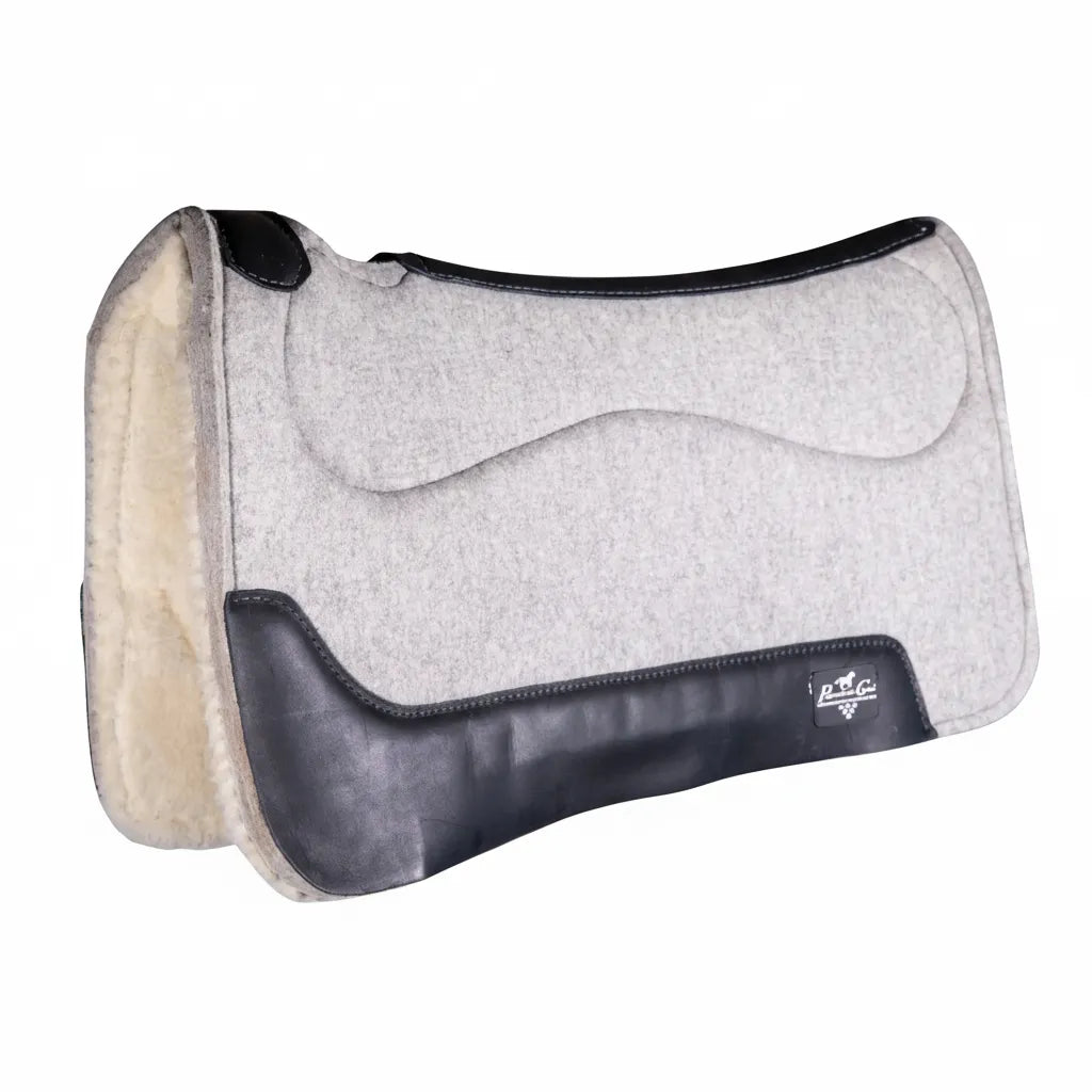 Professional's Choice Precision Relief Deluxe Felt Western Saddle Pad in light gray with black leather wear leathers and a contoured spine. This high-performance pad features a thick, cream-colored orthopedic wool lining and Air Ride technology for superior impact protection and horse comfort. Ideal for western performance, trail riding, or barrel racing, providing a professional look and therapeutic support.