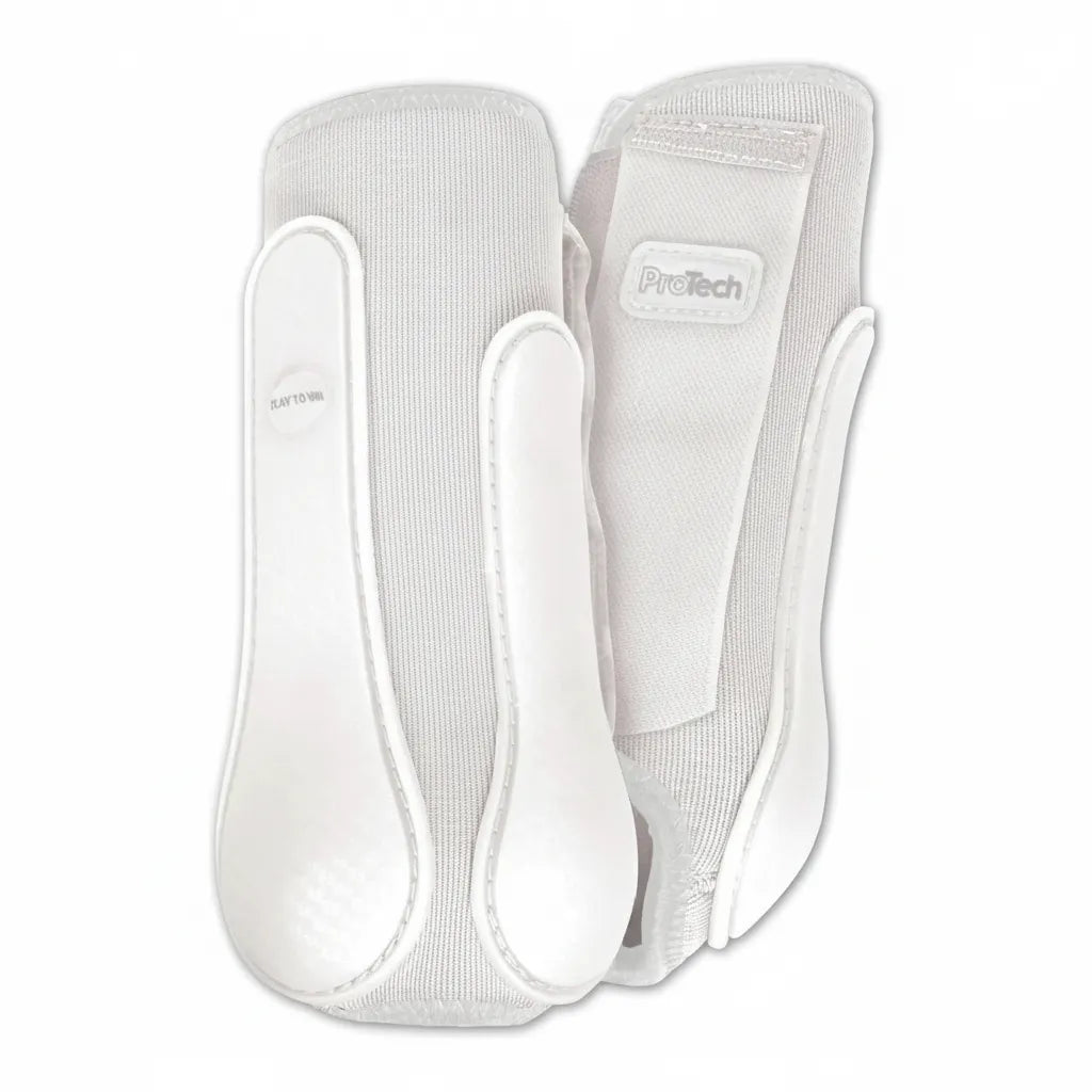 White Classic Equine ProTech Splint Pad and Tendon Guard Horse Boots designed for ultimate leg protection. These neoprene impact protection boots feature durable hard-shell guards and a secure fit for equestrian training. Highlights include the ProTech logo and "Play To Win" branding on a sleek, professional white finish. Perfect for horse owners seeking high-performance protective gear for their horse’s delicate tendons and splint bones.