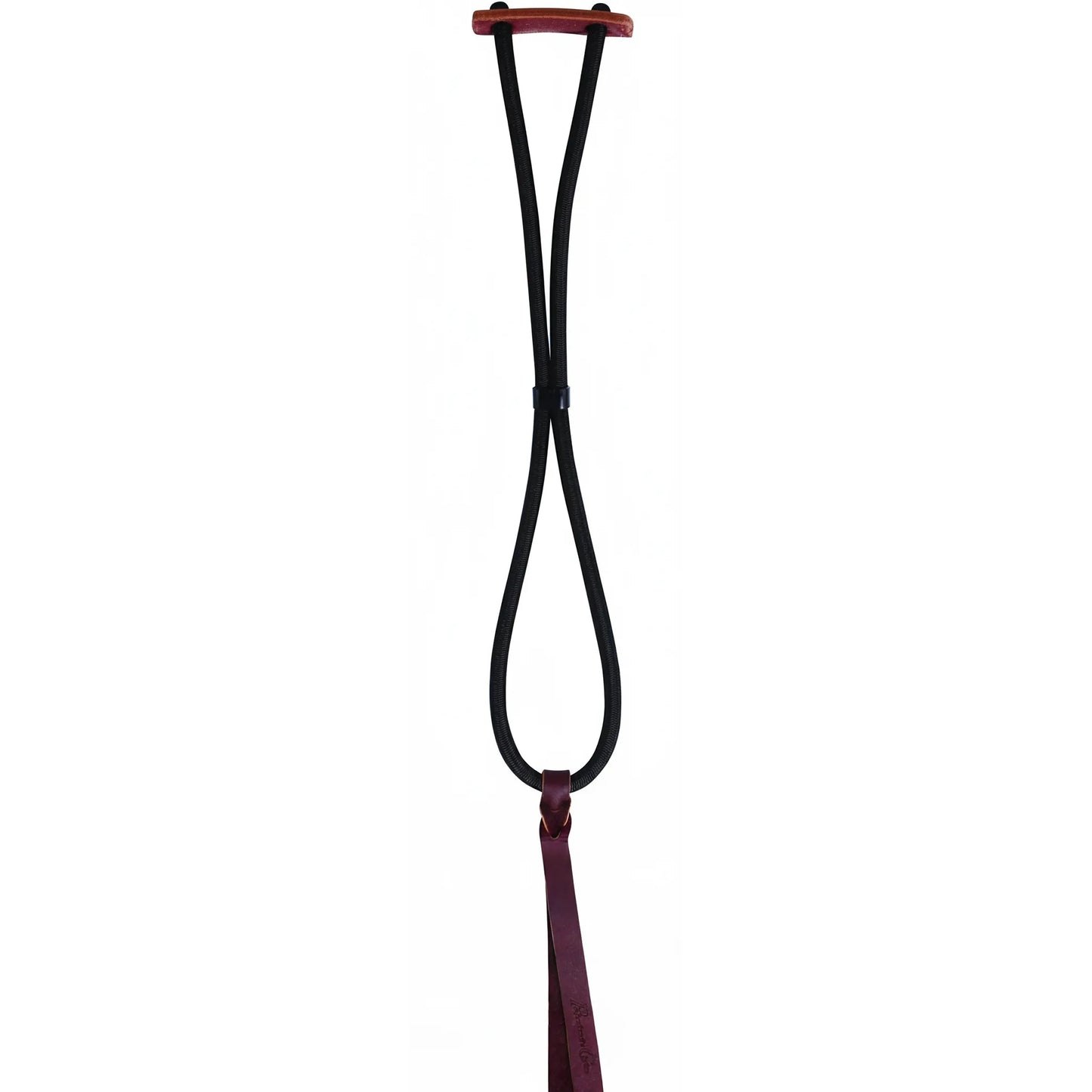 Professional's Choice Rope Holder featuring a durable black bungee cord with premium burgundy leather mounting piece and strap. This wall and trailer mount organizer is ideal for keeping lariats, lead ropes, and tack neatly stored and accessible. Durable equestrian organization tool for barns and horse trailers.